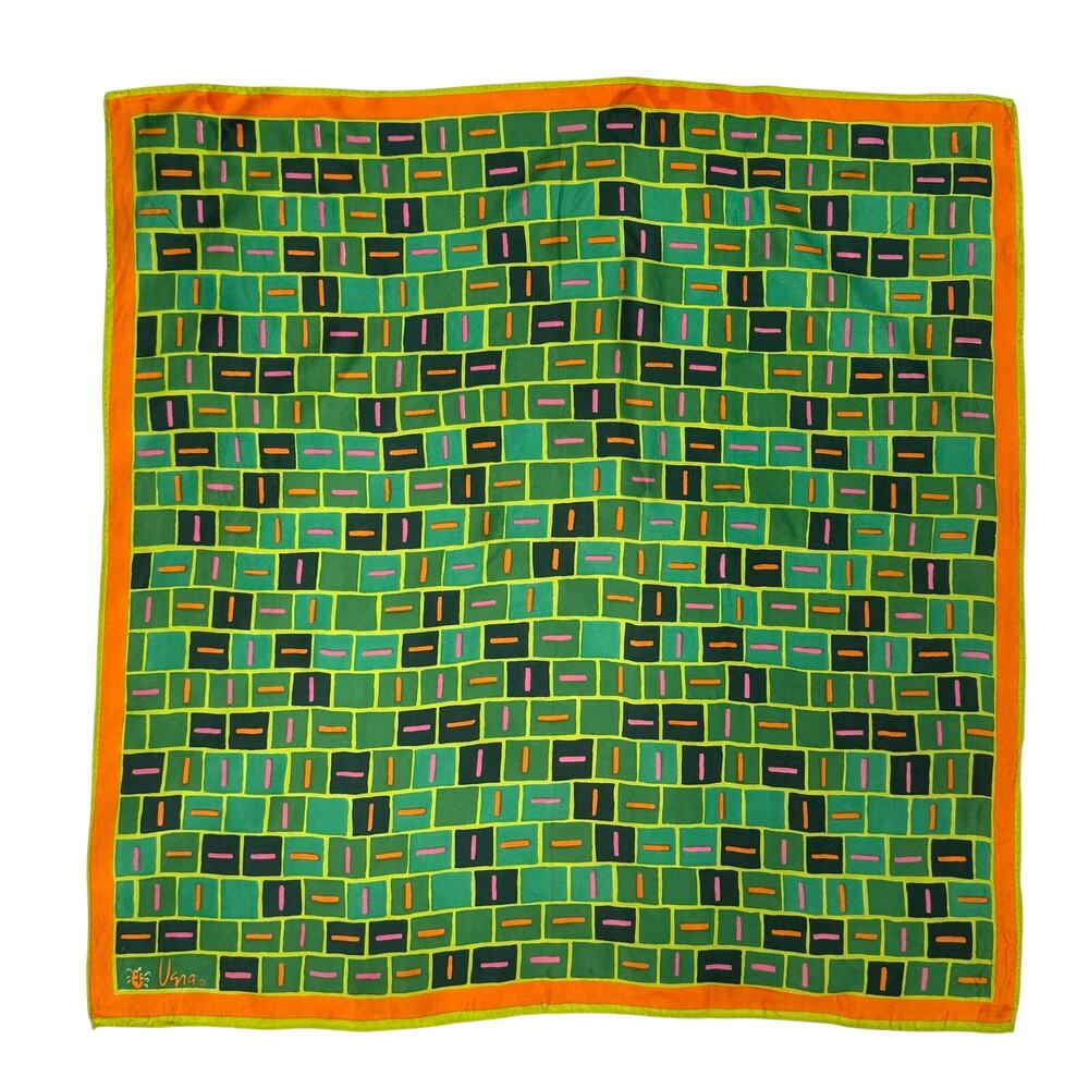 Vintage Vera Neumann Satin Scarf Bandana 22” Square Geometric Green Orange Check